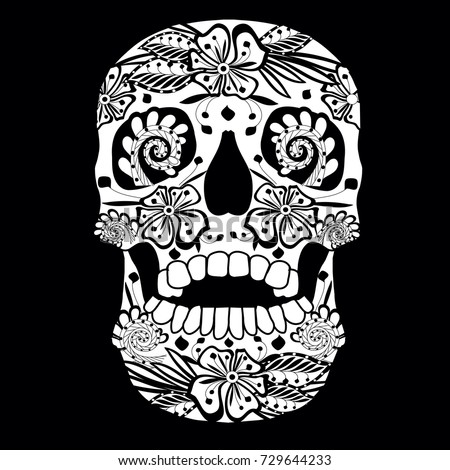 Monochrome sketch of ornate ornamental skull on black stock vector illustration 