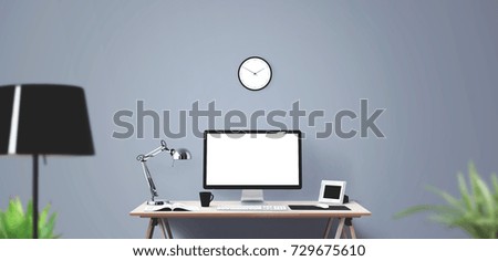 Computer display and office tools on desk. Desktop computer screen isolated. Modern creative workspace background. Front view
