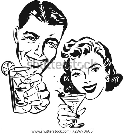 Smiling man and woman raising a toast with cocktail glasses