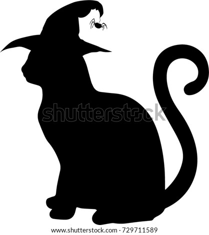 Black silhouette of cat in witch hat sitting sideways isolated on white background. Vector illustration, icon, clip art.