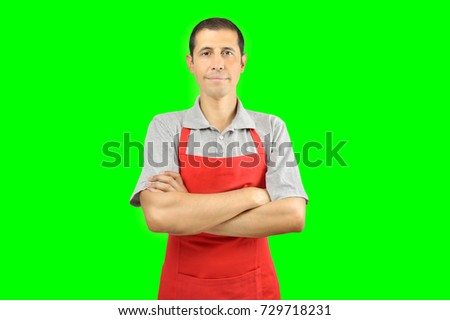 portrait of shopman isolated cutout on green background with chroma key