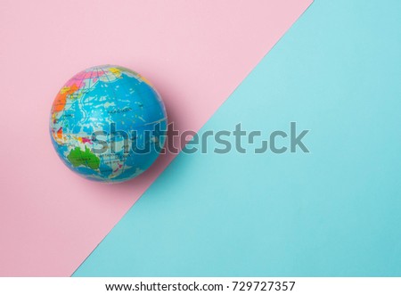 Travel around the world for your colourful life .Enjoy the funny trip journey .Top view for copy space some idea your create destination .object  cute  ,world  vintage on colour background