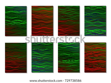 Dark Minimal Cover Design with Neon Waves. Set of 8 Simple Abstract Backgrounds for Cards, Posters, Notepad Covers. Abstract Textures with Sea Waves. Trendy Backdrops