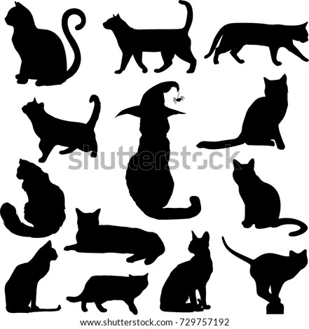 Set of black cats silhouettes isolated on white background. Vector illustration, icon, clip art.