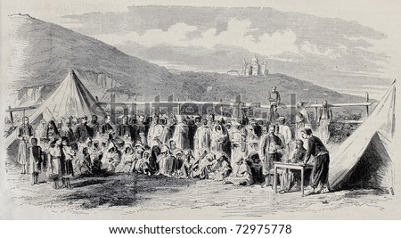 Old illustration of Algerian people registration at Tagarin centre for beggars. By Pauquet and Dutheil-Ecossefil, after photo of Portier, published on L'Illustration, Journal Universel, Paris, 1868