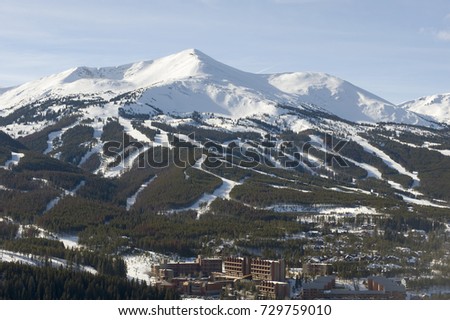 Peaks 8 and 7 of Breckenridge Ski Resort at the height of the ski season - these snow covered mountains provide acres and acres of ski terrain.  The resort consists mainly of four mountains.  