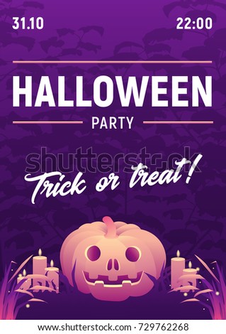 Vector halloween party poster. Pumpkin in dark mystic violet forest with grass and fireflies