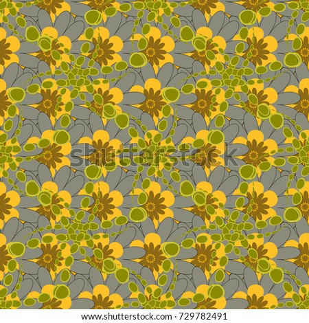 Geometric flower vector ornament. Stylish graphic design. Seamless abstract floral pattern. Yellow, green and neutral background.