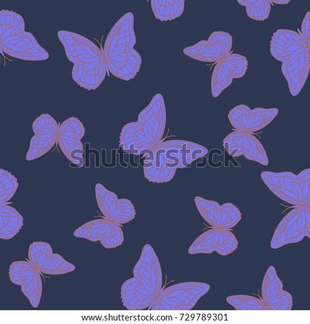 Seamless background from butterflies. Beautiful butterflies chaotically fly randomly. Vector. Suitable for fabric, paper, packaging.