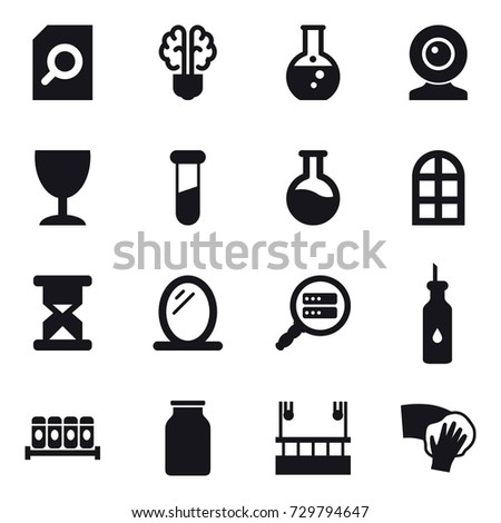 16 vector icon set : search document, bulb brain, round flask, web cam, wineglass, arch window, mirror, skyscapers cleaning, wiping