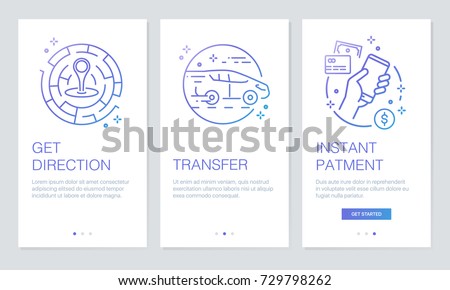 Transportation and navigation concept onboarding app screens. Modern and simplified vector illustration walkthrough screens template for mobile apps. Royalty-Free Stock Photo #729798262