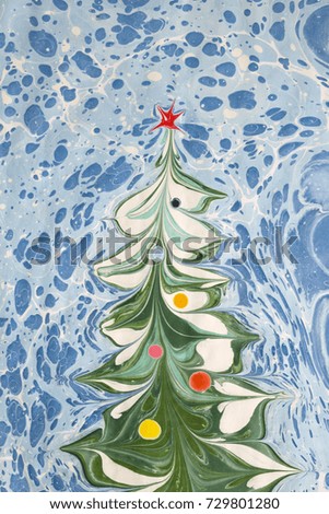Elegant Christmas tree drawn on paper. Ebru technique