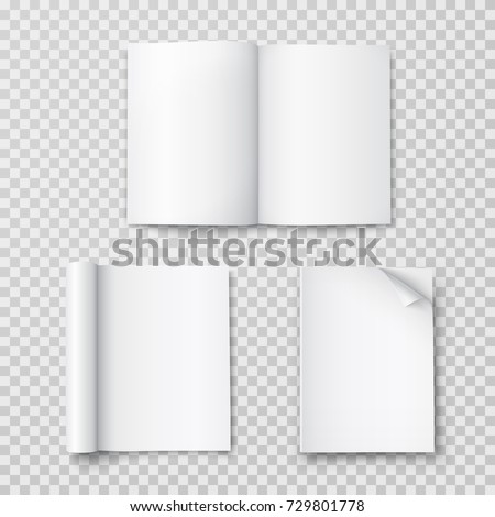 Magazine set isolated on transparent background. Vector open blank book, catalog or brochure with turned sheets mock up. Magazines with rolled white paper pages mockup. Royalty-Free Stock Photo #729801778