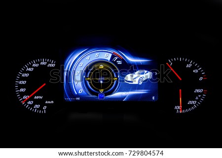 Modern light car mileage (dashboard, milage) isolated on a black background. New display of a modern car. MPH, fuel and temperature (Fahrenheit) digital indicators. Royalty-Free Stock Photo #729804574