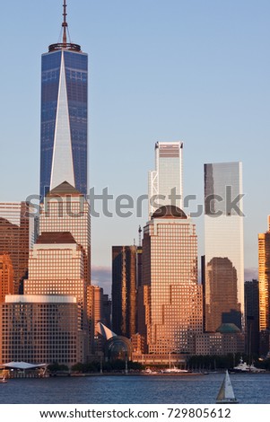 Lower Manhattan Skyline at golden hour, NYC, USA