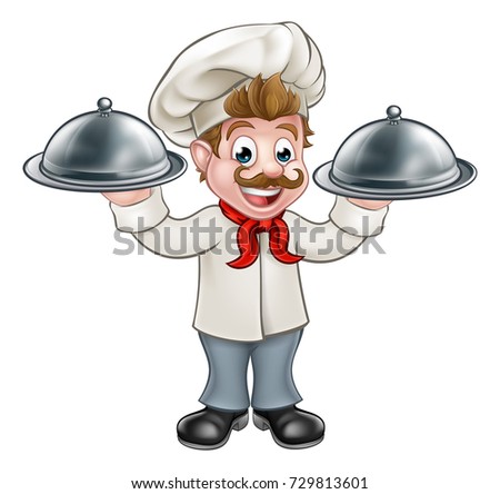 Cartoon chef or baker holding a silver cloche food meal plate platter tray
