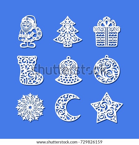 Set of Christmas Icons. Santa Claus, xmas tree, gift box, sock, bell, ball, snowflake, crescent, star.