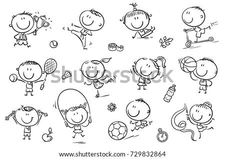 Active kids with sport things representing healthy lifestyle. Easy to print and edit. Vector files can be scaled to any size.