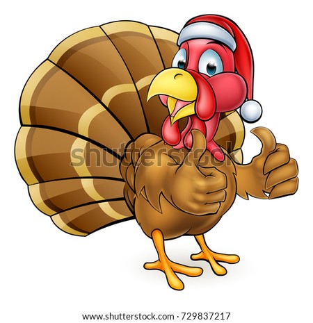Cartoon Thanksgiving or Christmas turkey bird wearing a Santa Claus hat and giving a thumbs up
