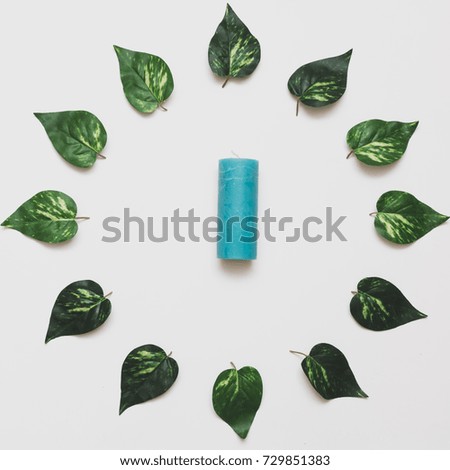 a large blue candle in the center of the circle of green leaves. top view