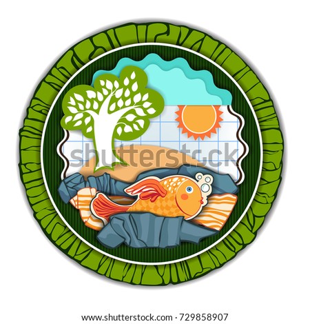 Landscape with a fish in the river. Composition in a circle. On a white background.