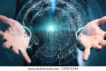 Flying earth network interface activated by businessman on blurred background 3D rendering