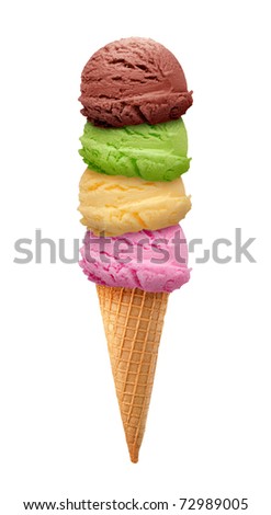 Mixed ice cream scoops with cone on white background