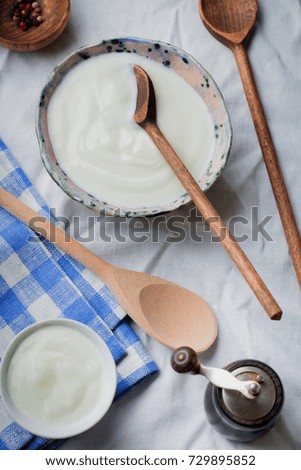 Greek yogurt in a ceramic plate with wooden spoons on a gray concrete background. Selective focus. Rustic style.