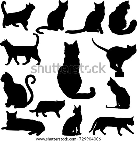 Set of black cats silhouettes isolated on white background. Vector illustration, icons, clip art.