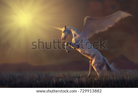 Pink unicorn with the wings reared in the grass on mountains background Royalty-Free Stock Photo #729913882