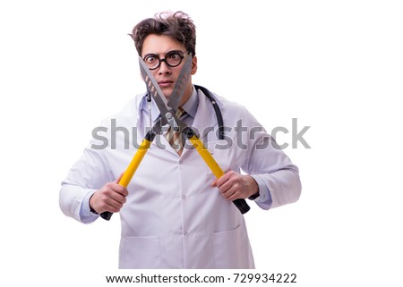 Funny doctor with shears isolated on white