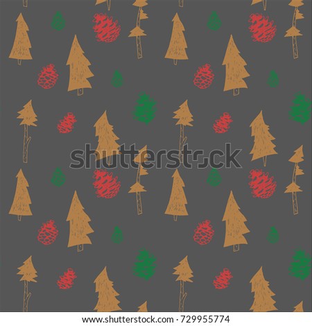 Pinecons and pine trees hand-drawn gray pattern