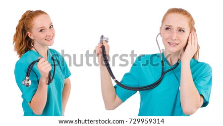 Young medical trainee with stethoscope  isolated on white