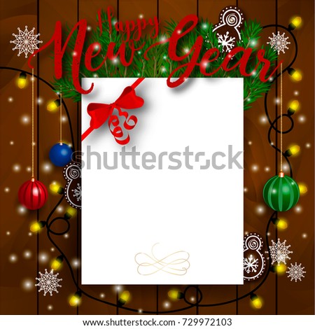Christmas and New Year design wooden background with christmas lights garland.