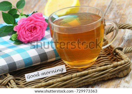 Good morning card with cup of tea and pink rose
