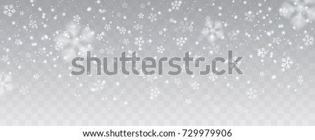 Vector heavy snowfall, snowflakes in different shapes and forms. Many white cold flake elements on transparent background. White snowflakes flying in the air. Snow flakes, snow background. Royalty-Free Stock Photo #729979906