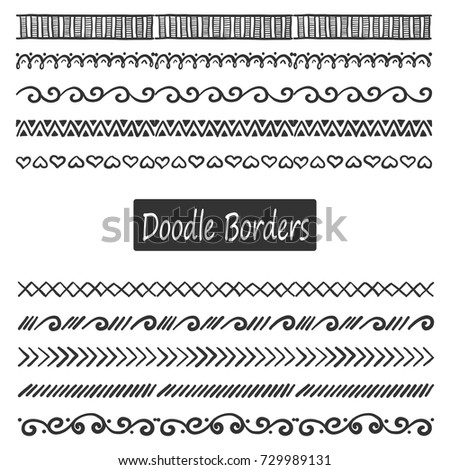 Hand drawn set of doodle border for card, banner design and frame decoration. Ink line sketch style vector illustration. Set of floral ornament, arrow, wave and other decoration elements.   