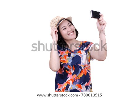 Asian woman tourist selfie over white background