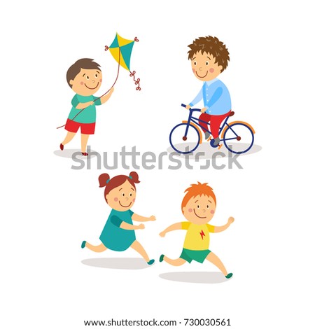 vector flat kids activity in kindergarten set. girl and boy having fun playing catch-up and tag running game, boys launching kite, riding bicycle smiling. Isolated illustration on a white background.
