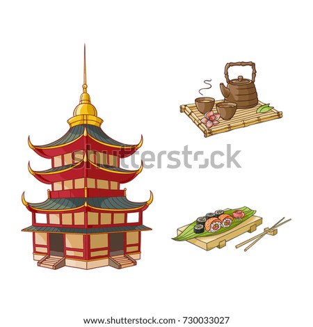 vector flat asian japan, china oriental symbols concept set. traditional pagoda building, sushi with ginger, wasabi and kettle with caps for tea ceremony. Isolated illustration on a white background.