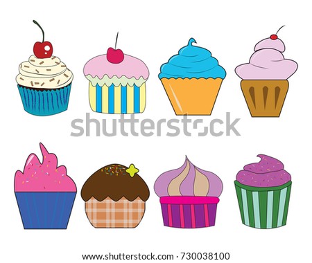 Various kinds of cupcakes , On White Background, Vector Illustration