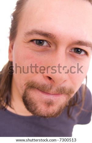 scary looking young man on white background