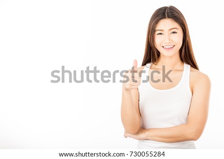 Beautiful Attractive Asian woman smile and showing thumbs up for good sign feeling so confident and happiness with Healthy Skin,Isolated on white background,Beauty Concept