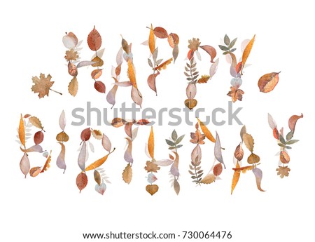Letters "Happy Birthday" created of watercolor leaves.