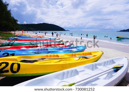 Beach scenery of relaxing beach.The summer vacation of your travel holiday.It's happy time running on the beach and beautiful clear sea water.Design of summer vacation holiday concept.