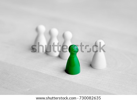 Volunteering, courage and being initiative or spontaneous concept. Dare to be different. One board game pawn stand in front from the crowd. Royalty-Free Stock Photo #730082635