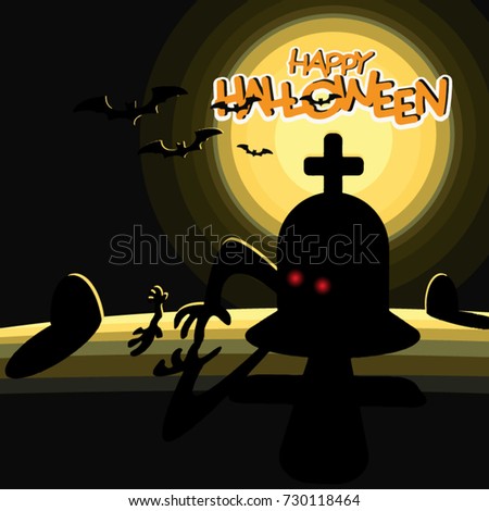 Vector of creepy cropes rising from grave yard under moon light. Happy Halloween text.