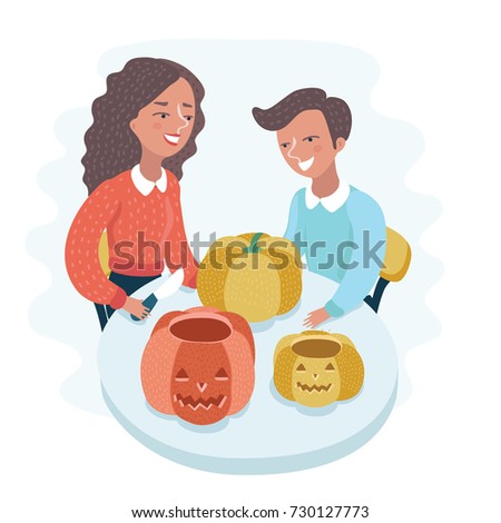 Vector cartoon illustration of Woman teaches boy cut a Large Pumpkin carved with a Huge Smile. Prepare for Halloween party celebrate