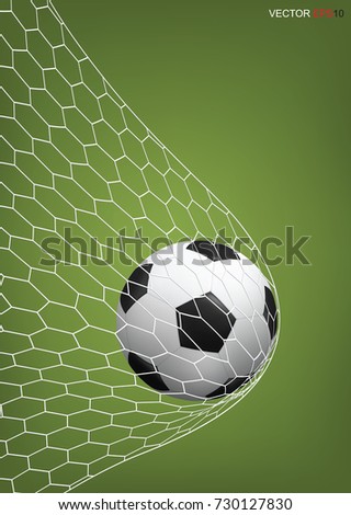 Soccer football ball in goal with white net and green field background. Vector illustration.