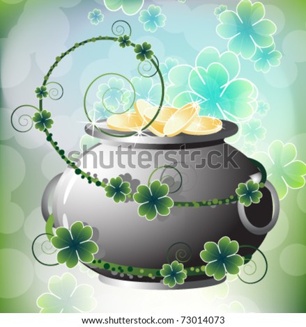Pot of gold coins on the  abstract clover background